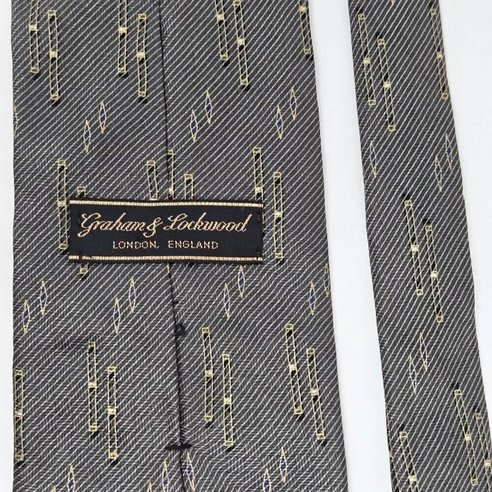 GRAHAM & LOCKWOOD LONDON ENGLAND SILK TIE TAN BLACK GEOMETRIC SATIN 4